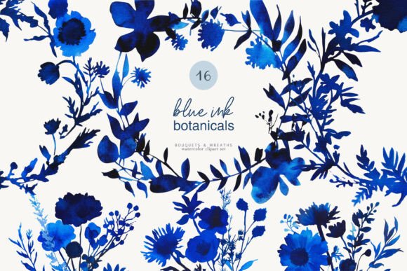 Download Ink Blue Botanicals Watercolor Clipart - Blue Collection