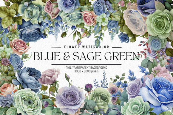 Download Blue &amp; Sage Green Flowers Watercolor - Blue Collection